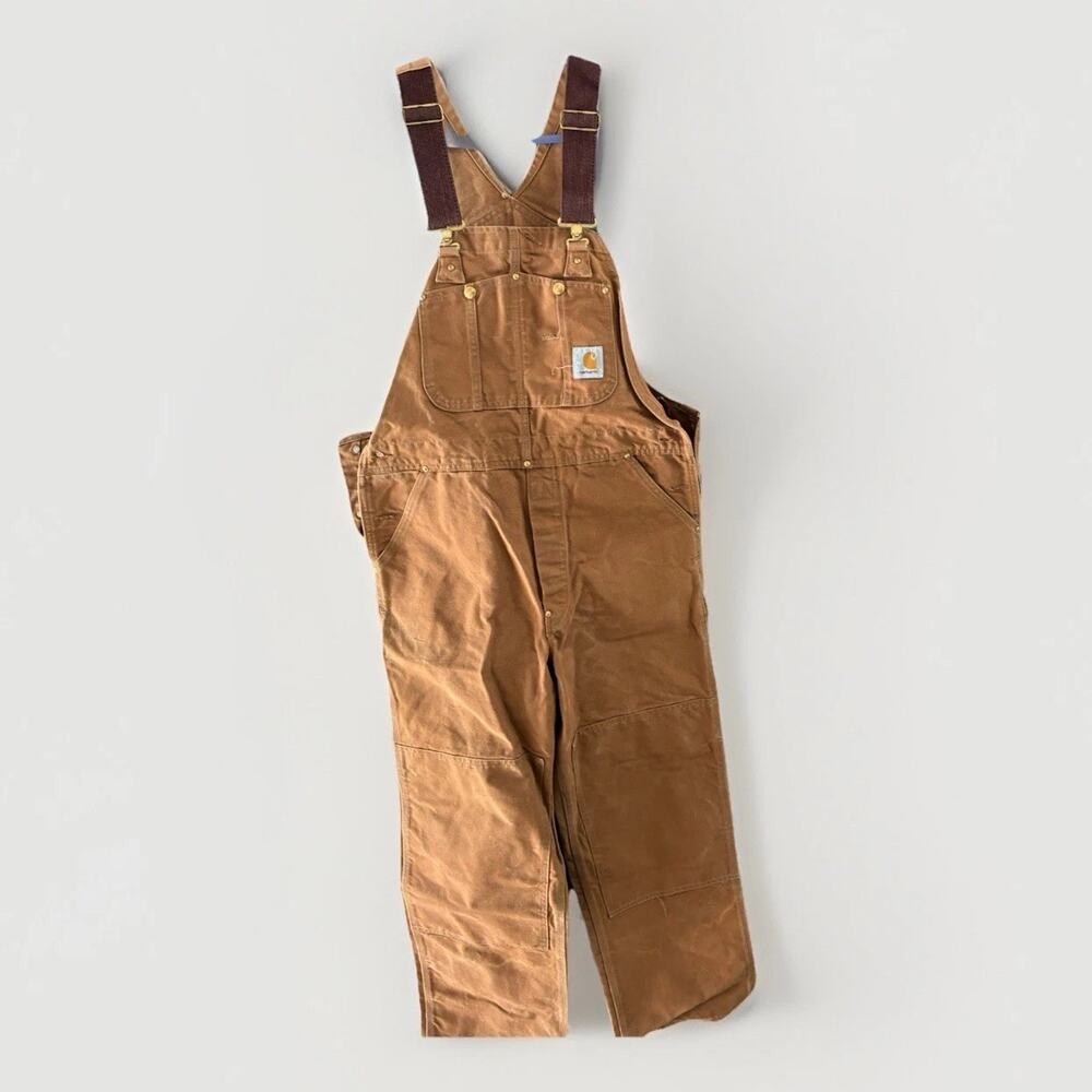 Vtg Carhartt R01 BWN Bib Overalls Men 36x30? Brown Double Knee Canvas USA